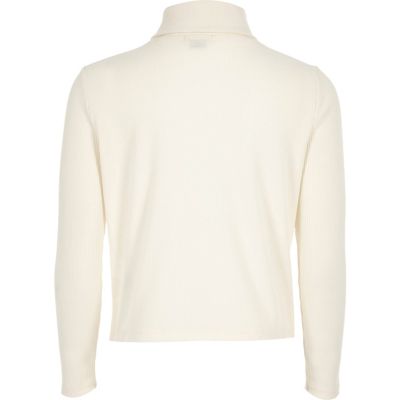 Girls cream ribbed roll neck top